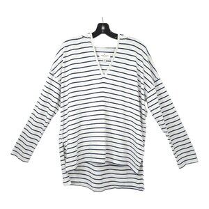 American Eagle V Neck Pullover Hoodie Sweater Womens Size L Blue Gray Stripe